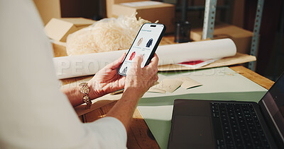 Buy stock photo Ecommerce, startup and hands with phone screen, review and clothes for sale on website and browsing. Scroll, online shop and dropshipping with mobile, fashion supply chain and person in warehouse