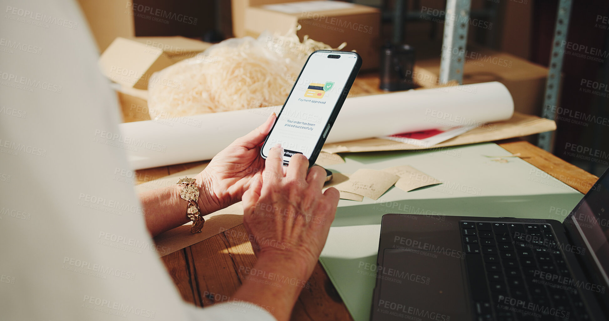 Buy stock photo Logistics, startup and hands with phone screen, online and order for supplies on website and scroll. Ecommerce, checkout and stock purchase with mobile, entrepreneur and person with tech in warehouse