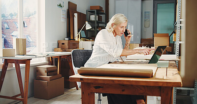 Buy stock photo Laptop, supply chain and phone call with mature woman in office for delivery, retail update or shipping. Tech, conversation and small business owner with logistics for package, distribution and stock