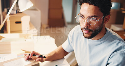 Buy stock photo Ecommerce, man and thinking in office with box for customer order, delivery plan and small business. Person, glasses and reflection in workplace with package for logistics, supply chain and shipping.