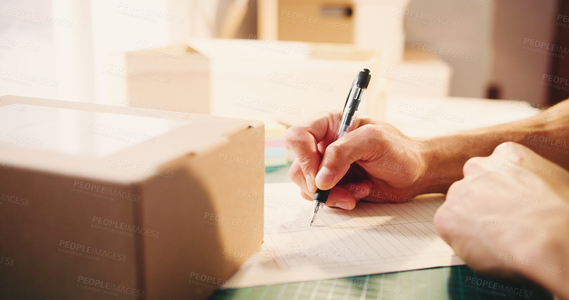 Buy stock photo Writing, boxes and hands of person in office with logistics, distribution or cargo freight information. Pen, cardboard package and supply chain worker with parcel for delivery, ecommerce or shipping.