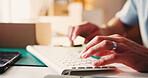 Hands, person and typing on keyboard for logistics, inventory report and schedule delivery. Closeup, entrepreneur and computer for online checklist, email supplier and update website for distribution