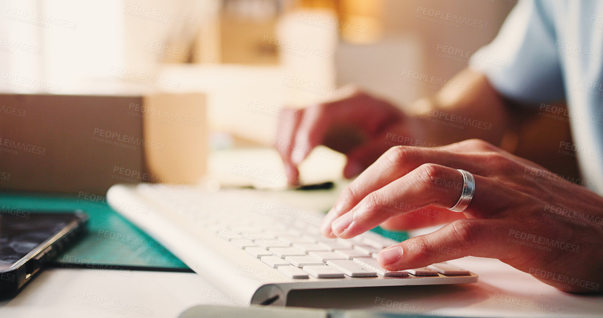 Buy stock photo Hands, person and typing on keyboard for logistics, inventory report and schedule delivery. Closeup, entrepreneur and computer for online checklist, email supplier and update website for distribution
