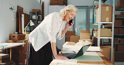 Buy stock photo Ecommerce, laptop or woman on phone call in office, courier instructions or distributor negotiation. Delivery info, small business or mature entrepreneur with startup supplier contact, talk or tech