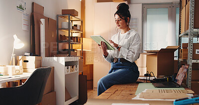 Buy stock photo Ecommerce, woman and scroll in small business with tablet for online order, process sales or shipping. Person, browse and email in workplace with tech for logistics, supply chain or delivery service.