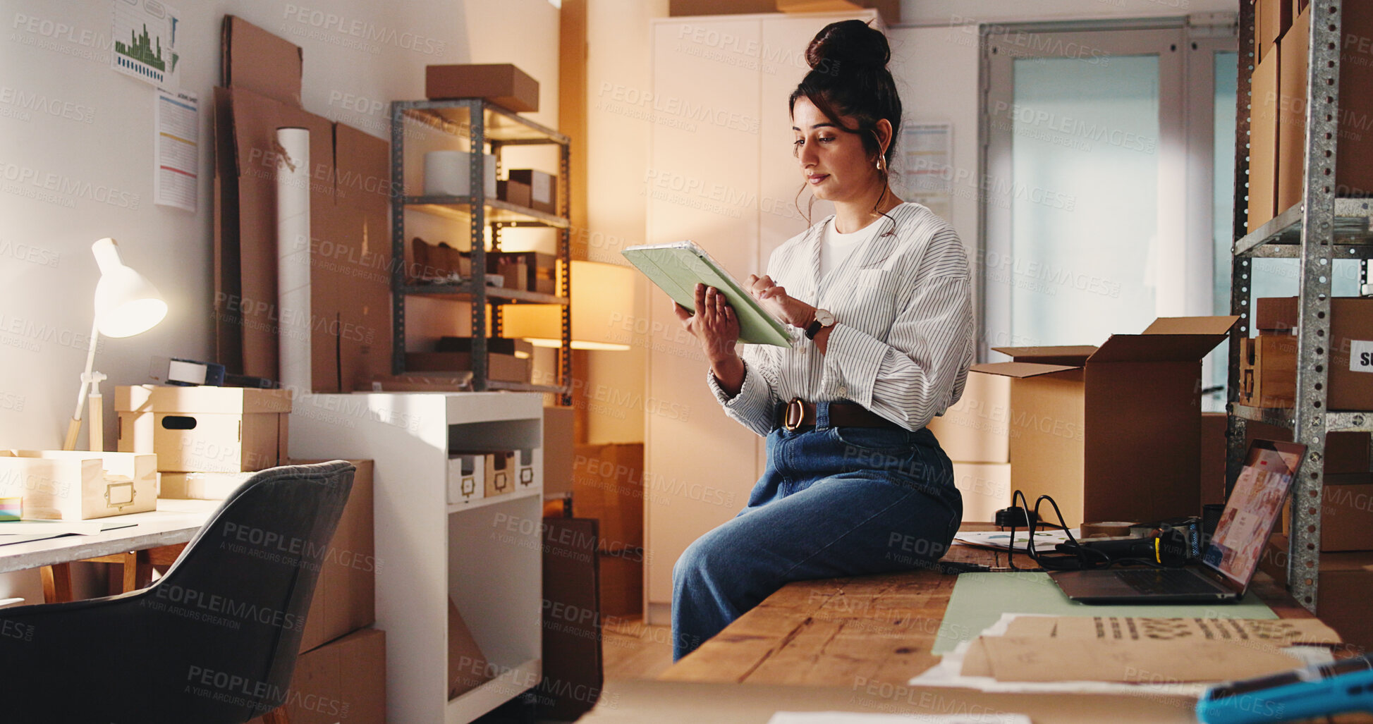 Buy stock photo Ecommerce, woman and scroll in small business with tablet for online order, process sales or shipping. Person, browse and email in workplace with tech for logistics, supply chain or delivery service.