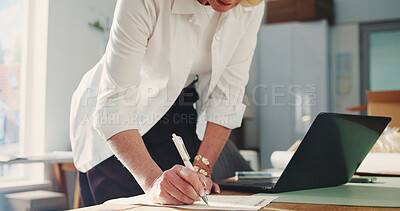 Buy stock photo Logistics, notes or hands in office with paper, parcel track or inventory management of shipment. Distribution, female person or entrepreneur with writing, order schedule or checklist in ecommerce.