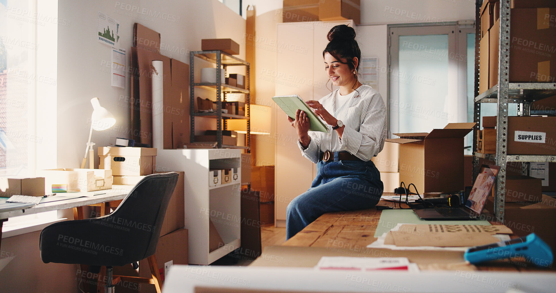 Buy stock photo Ecommerce, happy woman or scroll in small business with tablet for online order, shipping email or plan. Person, reading or smile in office with tech for logistics, supply chain or sale notification.