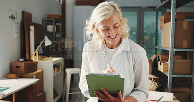 Buy stock photo Ecommerce, reading or happy woman with tablet in office, package delivery or track product distribution. Small business, shipping progress or mature entrepreneur on courier site, tech or supply chain