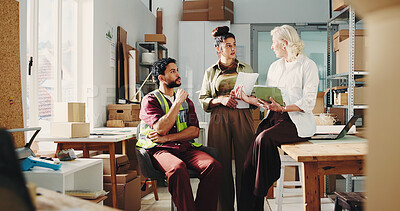 Buy stock photo Tablet, supply chain and meeting with people in office for delivery, retail update or shipping. Tech, management and small business owner with employees for package, distribution and stock logistics