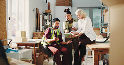 Buy stock photo Tablet, supply chain and discussion with people in office for delivery, update or shipping. Meeting, management and small business owner with employees for package, distribution and stock logistics