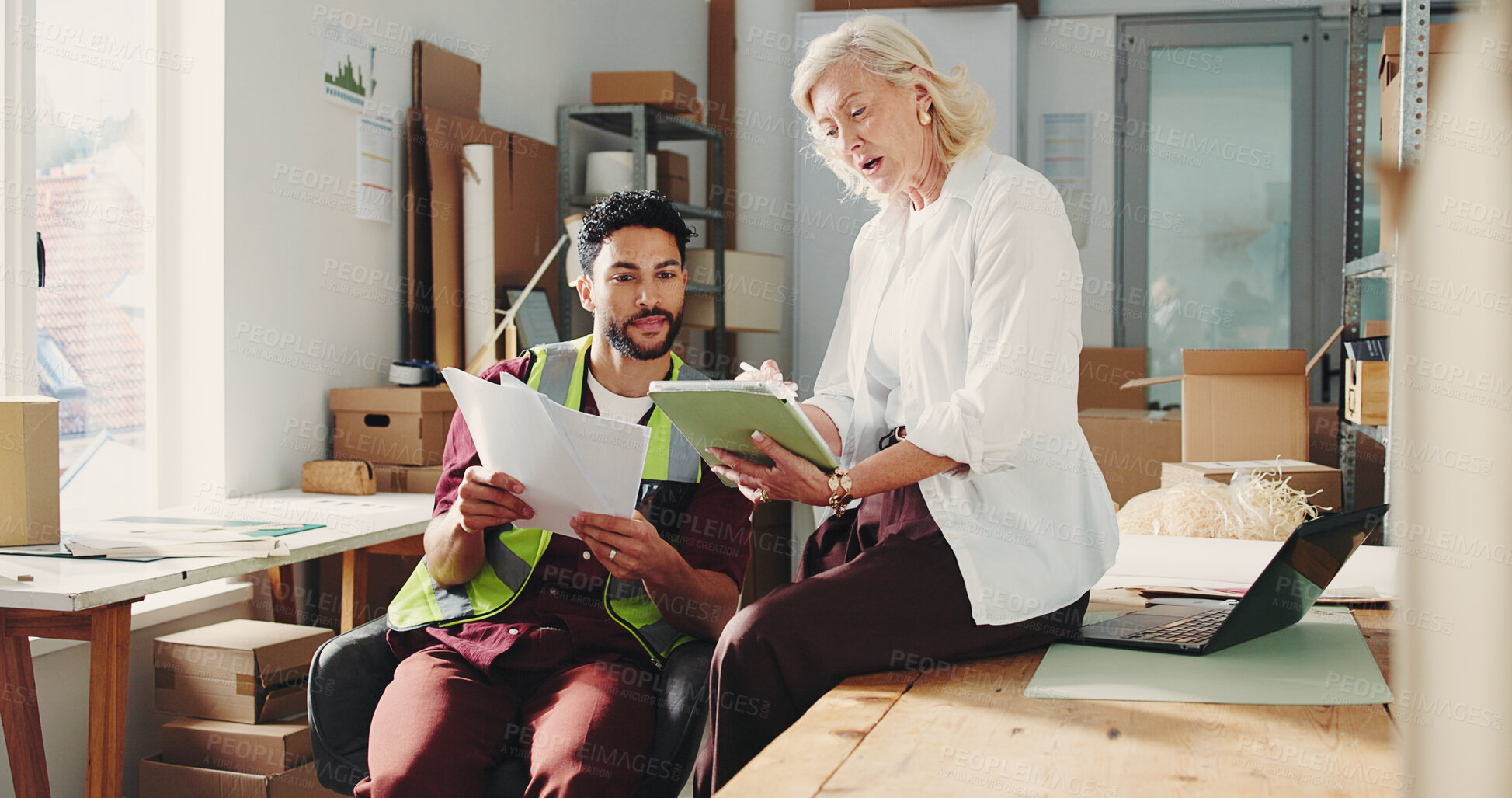 Buy stock photo Tablet, logistics and discussion with people in office for delivery, stock update or shipping. Meeting, management and small business owner with employee for package, distribution and supply chain
