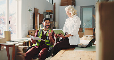 Buy stock photo Tablet, logistics and meeting with people in office for delivery, stock update or shipping. Discussion, management and small business owner with employee for package, distribution and supply chain