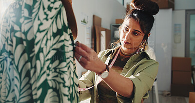 Buy stock photo Fashion, inspection or woman in office with clothing, quality control or garment measure for ecommerce store. Style, check or Indian designer with tape, outfit approval or apparel review for webshop.