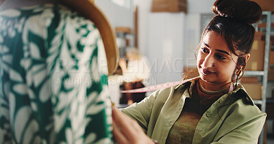 Buy stock photo Fashion, check or Indian woman in office with clothing, quality control or garment measure for ecommerce store. Style, inspection or designer with tape, outfit approval or apparel review for webshop.