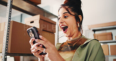 Buy stock photo Wow, happy or woman in warehouse with phone, sales increase or good news for ecommerce store. Shocked, excited and entrepreneur with technology, positive customer review or revenue growth for webshop