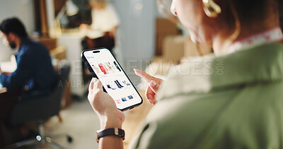 Buy stock photo Dropshipping, startup and hands with phone screen, fashion and stock review on website or ecommerce. Scroll, clothes and person with mobile for sales, supply chain and product selection for boutique