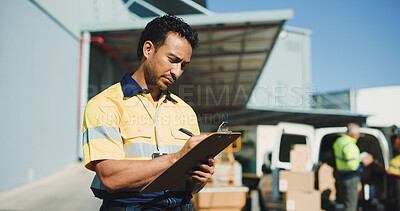 Buy stock photo Logistics, clipboard and writing with delivery man outdoor for supply chain, cargo checklist and export. Distribution manager, transport coordinator and quality assurance with person at warehouse