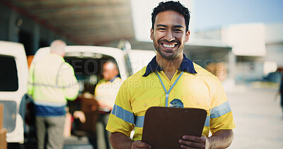 Buy stock photo Logistics, clipboard and portrait with delivery man outdoor for supply chain, cargo checklist and export. Distribution manager, transport coordinator and quality assurance with person at warehouse