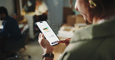 Buy stock photo Logistics, startup and hands with phone screen, order and payment approved for supplies or ecommerce. Online, checkout and stock purchase with mobile, dropshipping and person with tech in warehouse