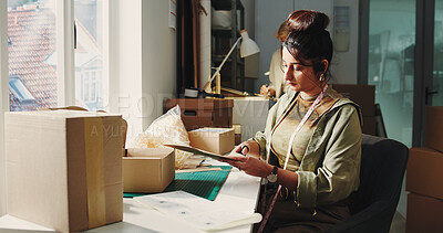 Buy stock photo Distribution, cutting and woman with label, startup and ecommerce with progress. Entrepreneur, logistics info and person with boxes, scissors and manufacturing with delivery schedule and supply chain