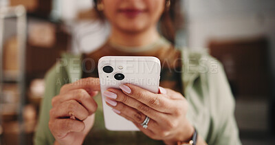 Buy stock photo Ecommerce, hands or reading with mobile in warehouse, check product sales or digital inventory management. Supplier website, startup or woman with phone for online order, merchandise or stock admin