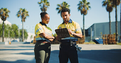 Buy stock photo Shipping, clipboard and team with delivery man outdoor for supply chain, cargo checklist and export. Distribution manager, transport coordinator and collaboration with people at warehouse for advice