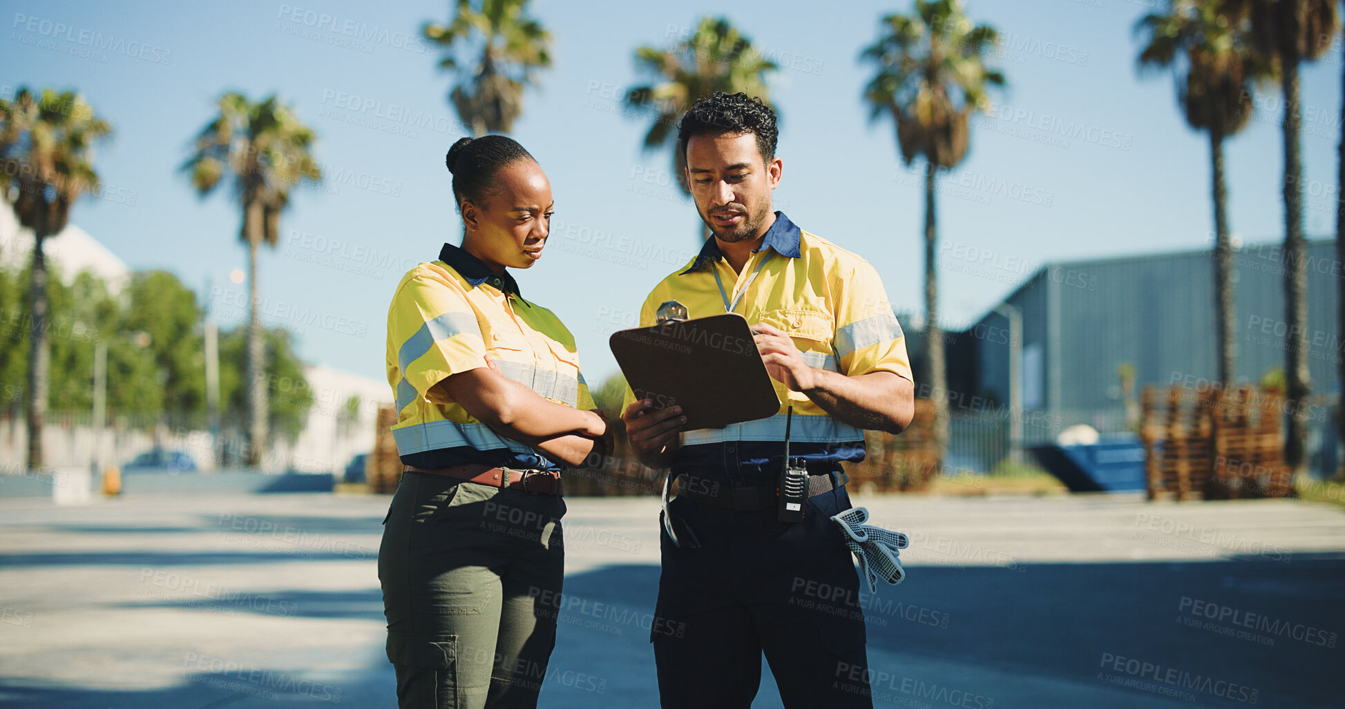 Buy stock photo Shipping, clipboard and team with delivery man outdoor for supply chain, cargo checklist and export. Distribution manager, transport coordinator and collaboration with people at warehouse for advice