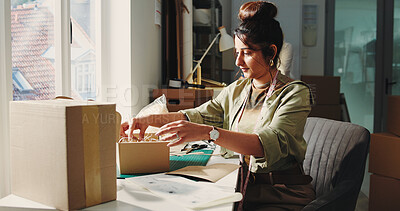 Buy stock photo Woman, packing and box at startup ecommerce for order, prepare shipping and customer details. Female person, sorting and package delivery with cardboard inspection, quality assurance for distribution