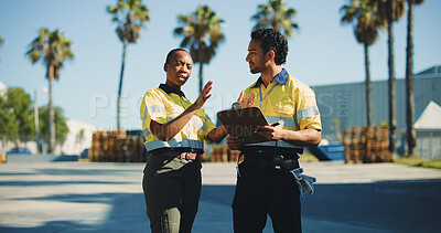 Buy stock photo Logistics, clipboard and team with delivery man outdoor for supply chain, cargo checklist and export. Distribution manager, transport coordinator and collaboration with people at warehouse for advice