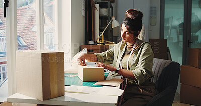 Buy stock photo Woman, label and box at startup ecommerce for packaging, prepare shipping and customer details. Female person, sticker and package for delivery, order information and quality control for distribution