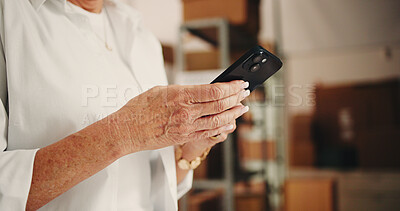 Buy stock photo Ecommerce, woman and hands in office with phone for typing email, social media post and text message. Logistics person, scroll and browse in workplace with tech for online chat, mobile app and blog.