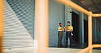Supply chain, coworkers and conversation at storage facility with clipboard, dispatch or shipping plan. Space, logistics people and talk at warehouse with checklist, distribution and quality control.