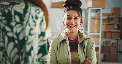 Buy stock photo Portrait, woman and smile for fashion ecommerce with career pride, about us and manufacturing. Happy, female designer and ambition for clothing design, quality control and garment of textile industry