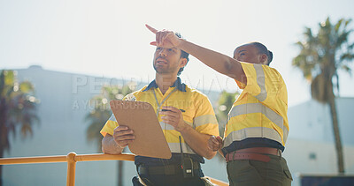 Buy stock photo Warehouse, people outdoor and discussion with clipboard for supply chain, dispatch and shipping. Logistics, coworkers point and talk in cargo zone with checklist for distribution, plan and delivery.