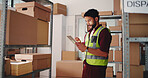 Tablet, man and logistics worker with boxes in office for online order information with email. Distribution, digital technology and male supply chain manager with cardboard parcel for cargo delivery.