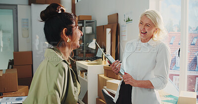 Buy stock photo Discussion, logistics and business women in office with planning for order distribution in collaboration. Laughing, conversation and female supply chain managers with tablet for delivery confirmation