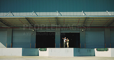 Buy stock photo Shipping, team and clipboard with people outdoor for logistics route, delivery checklist and cargo. Freight inspection, export partnership and supply chain with person at warehouse for distribution