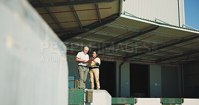 Buy stock photo Cargo, team and clipboard with people outdoor for shipping route, delivery checklist and logistics. Freight inspection, export partnership and supply chain with person at warehouse for distribution