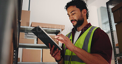 Buy stock photo Tablet, man and supply chain worker with boxes in office for online order information with email. Distribution, digital technology and male logistics manager with cardboard parcel for cargo delivery.