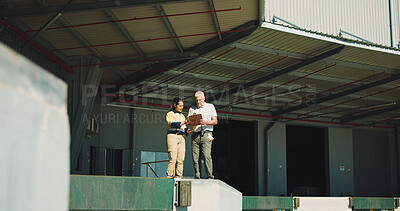 Buy stock photo Delivery, team and clipboard with people outdoor for shipping route, logistics checklist and cargo. Freight inspection, export partnership and supply chain with person at warehouse for distribution