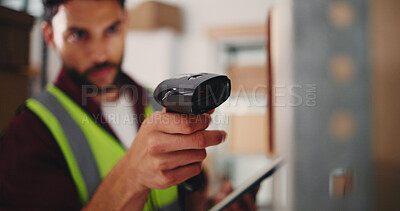 Buy stock photo Hands, man and scanner with box in warehouse for barcode, audit stock and quality assurance. Male person, machine and package for supply chain, check pricing and inventory management for distribution