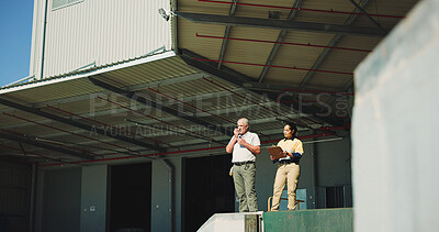 Buy stock photo Logistics, supervisor and clipboard with people outdoor for shipping route, delivery checklist and radio. Freight inspection, export partnership and supply chain with employees for communication