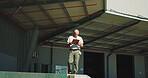 Logistics, clipboard and reading with man outdoor for inventory management, delivery planning or export. Shipping route schedule, distribution supervisor or inspection with mature person at warehouse