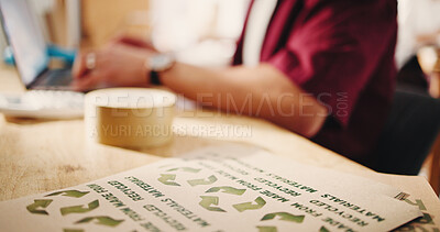 Buy stock photo Ecommerce, recycling or hands in office with label, package detail or green material in online store. Logistics, sustainable and person with logo, ethical brand or eco friendly parcel in webshop.