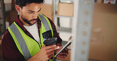 Buy stock photo Tablet, scanner and logistics worker with boxes in office for online order information with email. Distribution, technology and male supply chain manager with cardboard parcel for cargo delivery.
