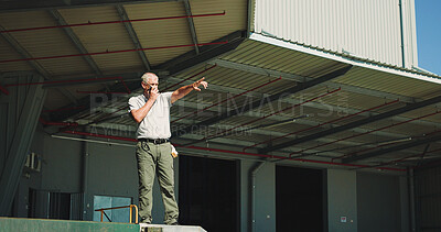 Buy stock photo Logistics, radio and pointing with man outdoor for inventory management, delivery planning or export. Shipping route schedule, distribution supervisor or communication with mature person at warehouse