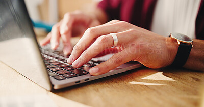 Buy stock photo Hands, person and typing on laptop at house for research, editing article and email editor. Journalist, remote work or pc for schedule update, proofreading draft and review newsletter for publication