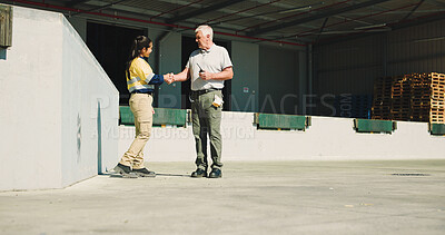 Buy stock photo Logistics, team and handshake with people outdoor for shipping success, delivery target and cargo. Freight inspection, b2b partnership and shaking hands with employees at warehouse for distribution