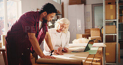 Buy stock photo Ecommerce, people and laptop in office with paperwork for shipping, discussion or manager verification. Team, logistics or talk in workplace with computer, document and management check for delivery.